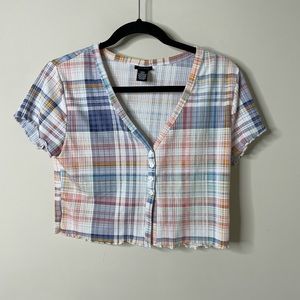 Rue 21 Multicolor Plaid SS Crop Shirt Large